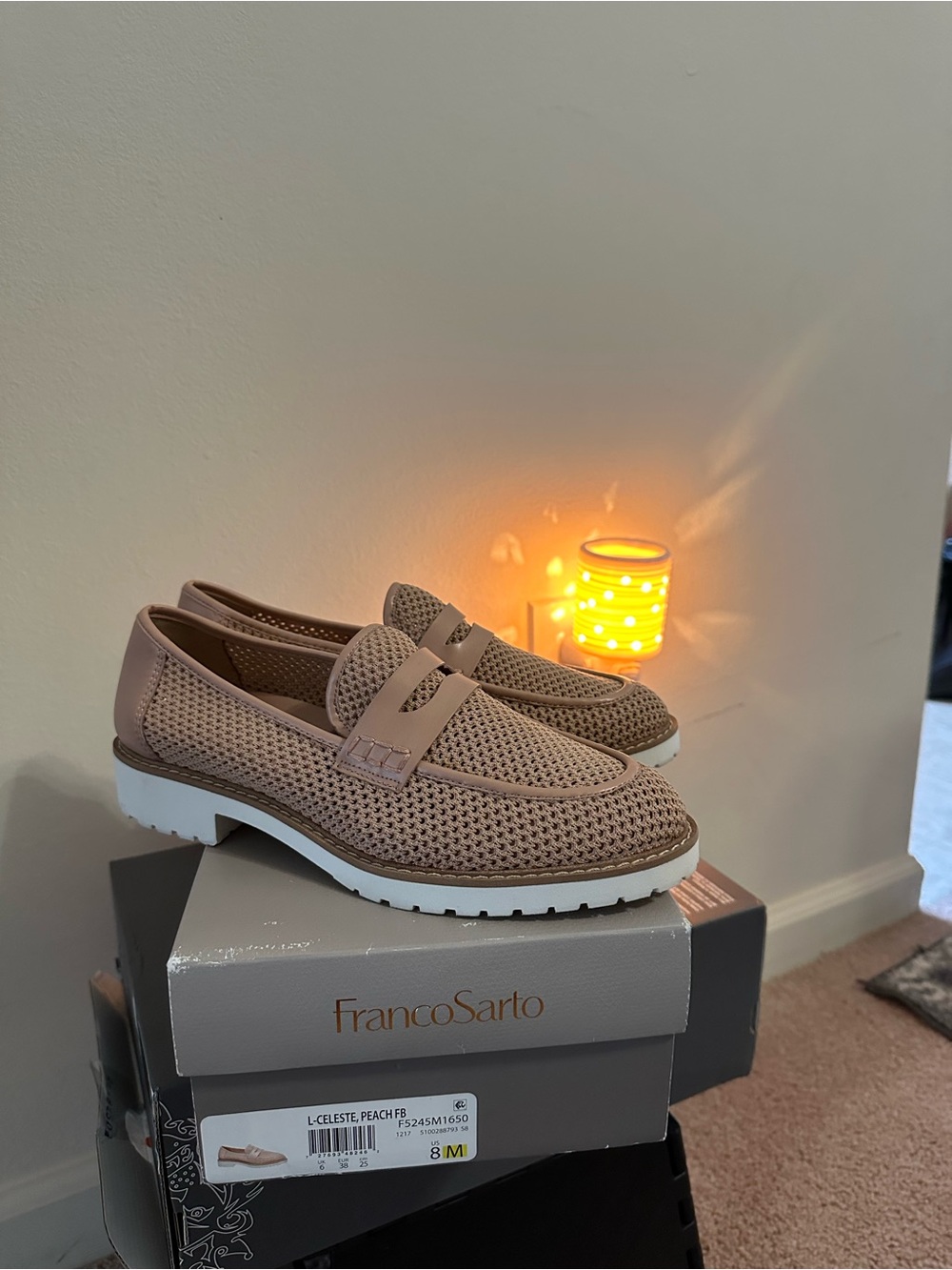 Franco Sarto Peach Knit Slip-On Loafers with White Lug Sole